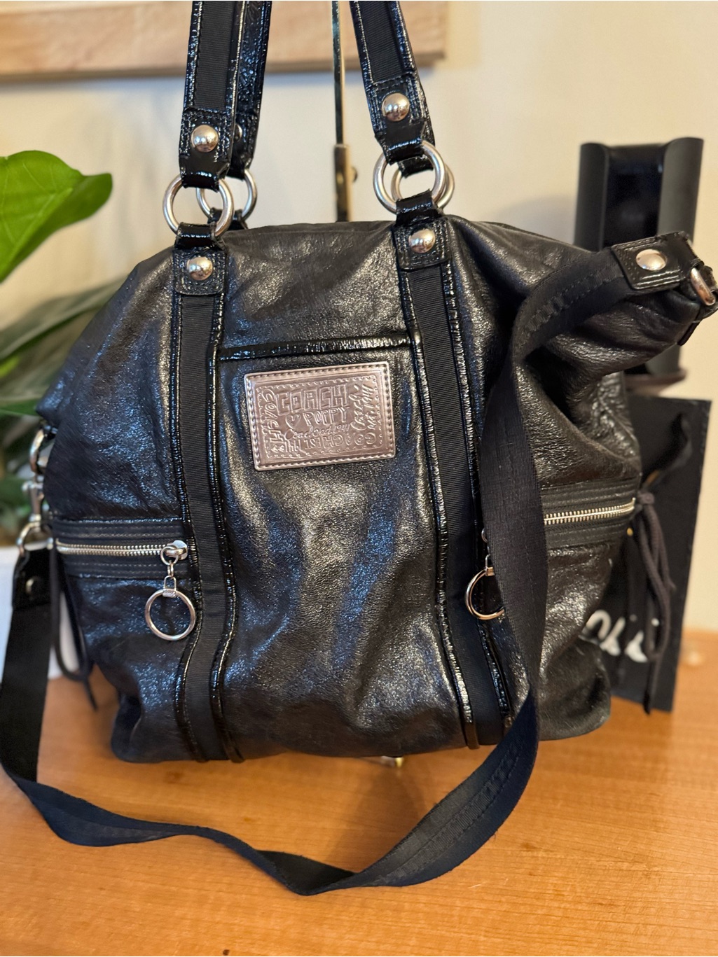 Coach Black Patent Leather Poppy Glam Tote With Silver-Tone Hardware